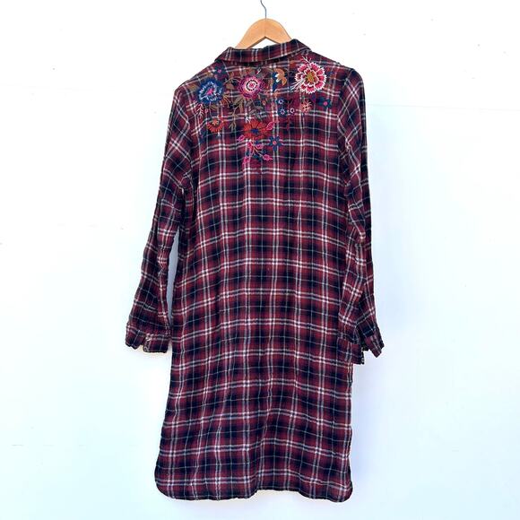 Johnny Was Workshop Plaid Long Sleeve Flower Embroidered Tunic Dress Medium Red - Picture 8 of 9